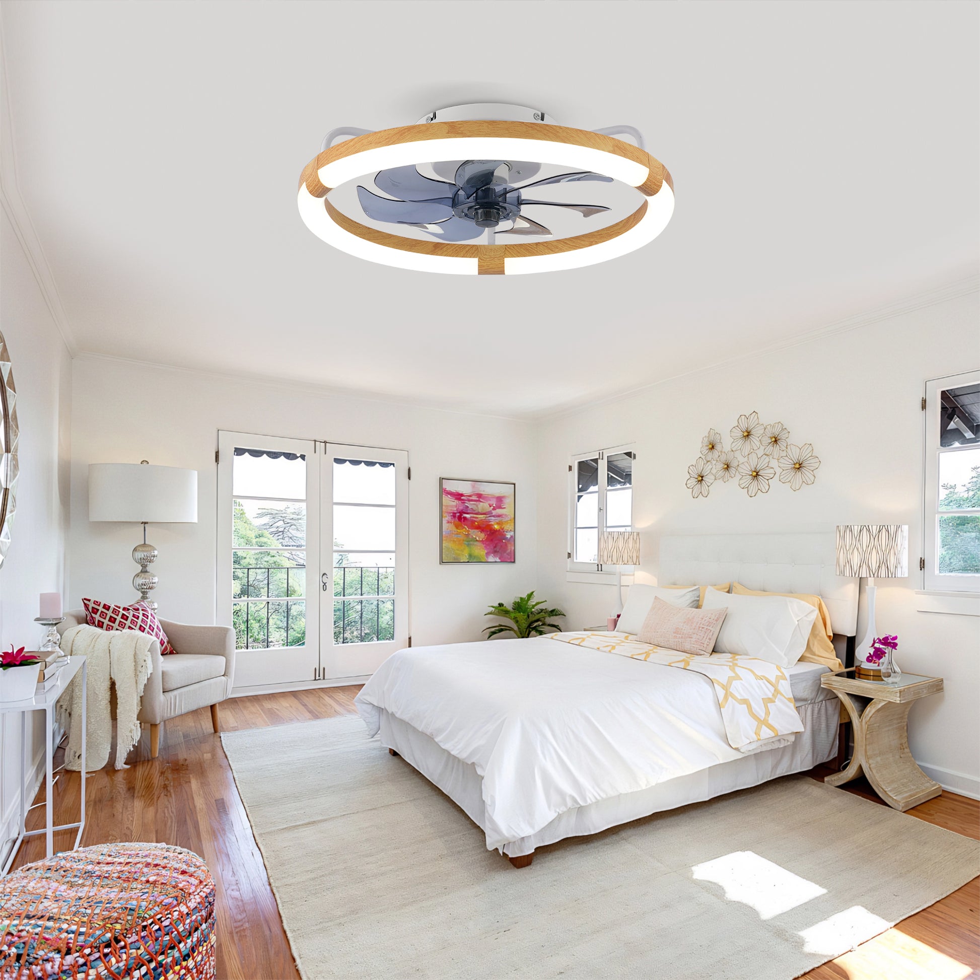 20" Matte White & Wood Ceiling Fan with Dimmable LED - view 4