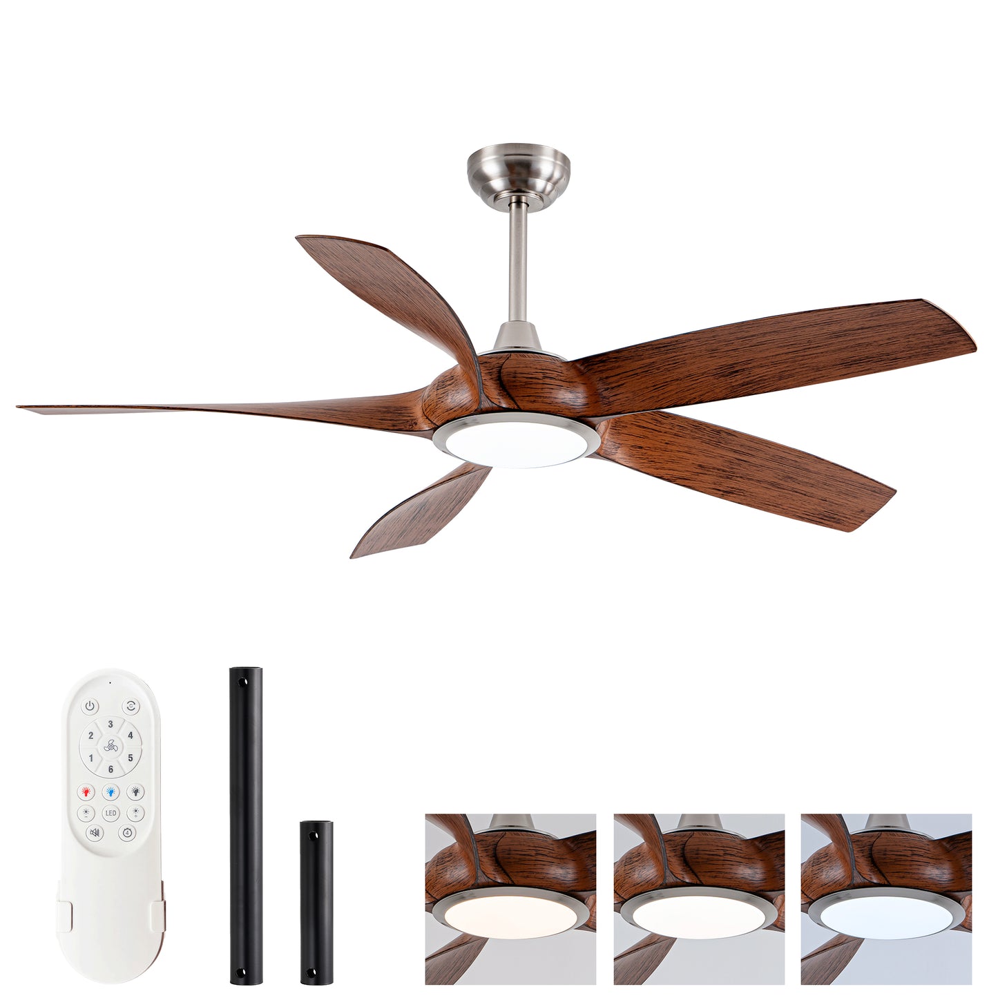 56" Nickel & Wood 5-Blade Ceiling Fan with Remote