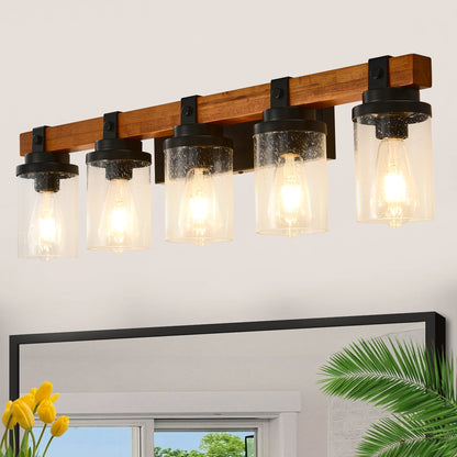 5-Light Matte Black & Wood Wall Light with Glass Shades