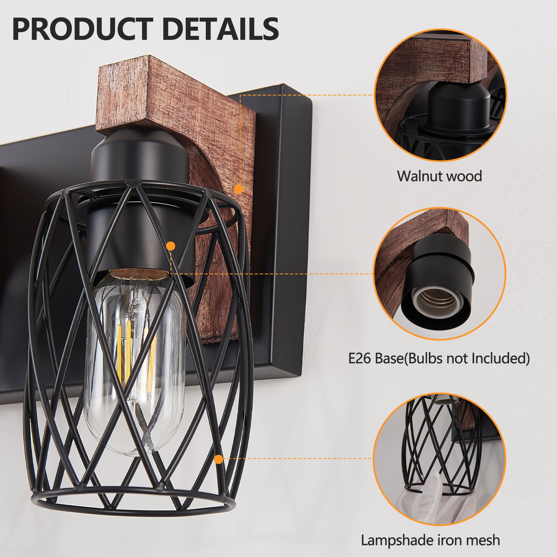 31" 5-Light Black Caged Wall Light with Wood Accents - view 6
