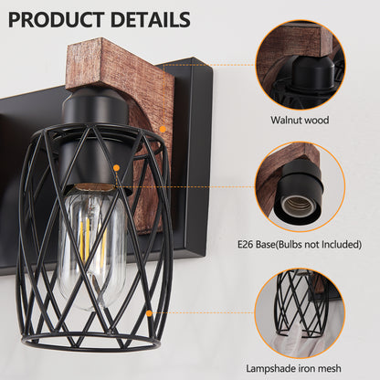 31" 5-Light Black Caged Wall Light with Wood Accents - view 6