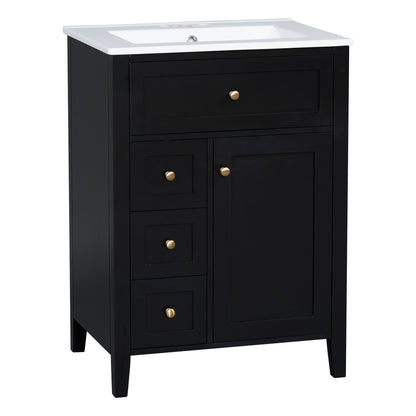 24" Black Bathroom Vanity with Ceramic Sink and 4 Drawers