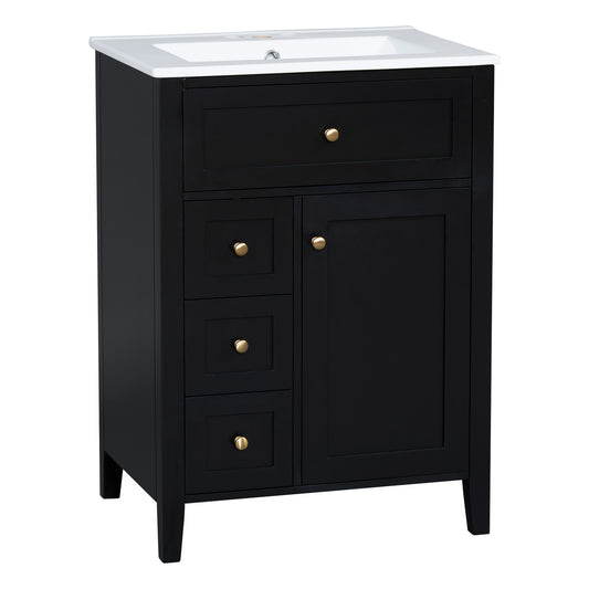 24" Black Bathroom Vanity with Ceramic Sink and 4 Drawers