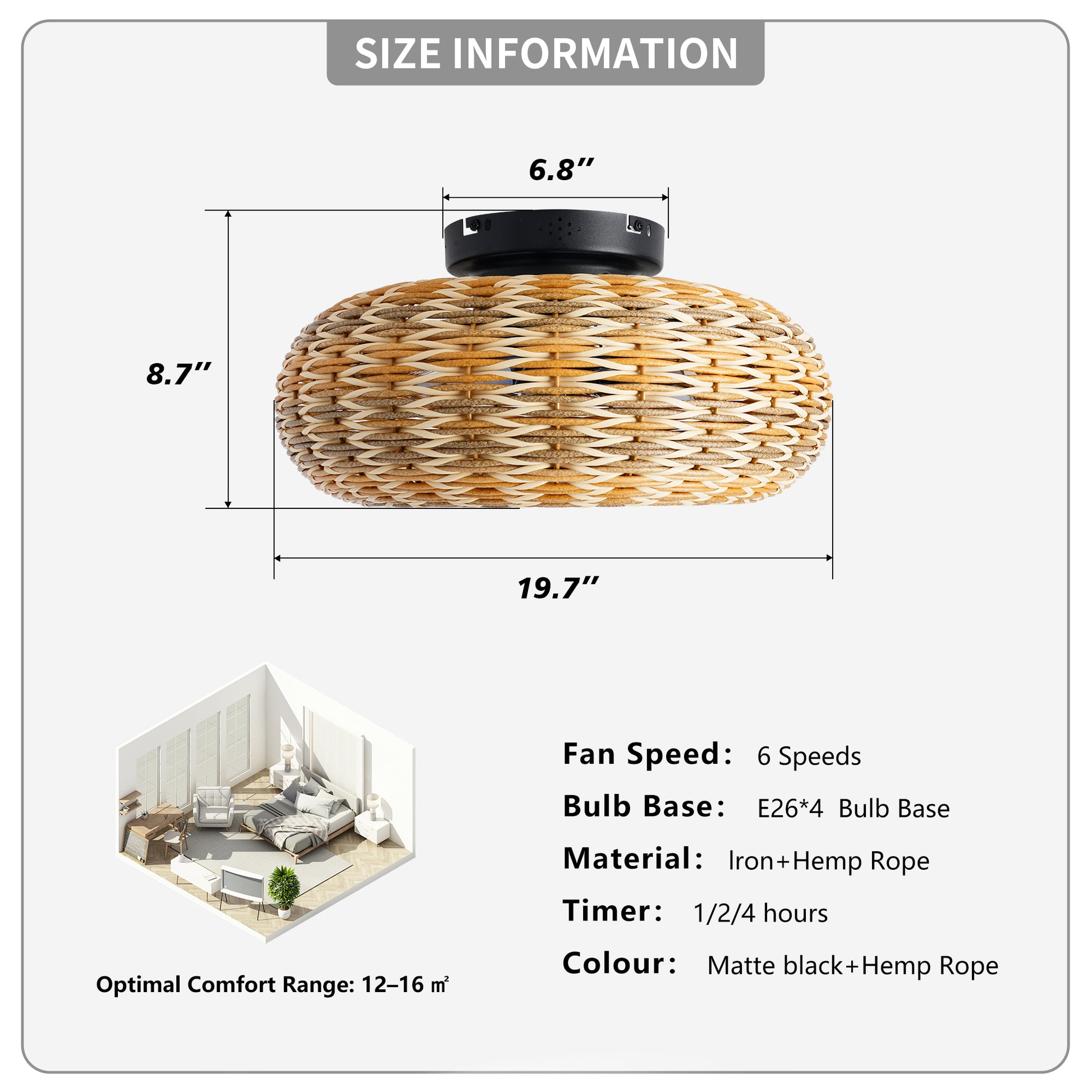 20" Rattan Caged Flush Mount Ceiling Fan with Remote - view 6