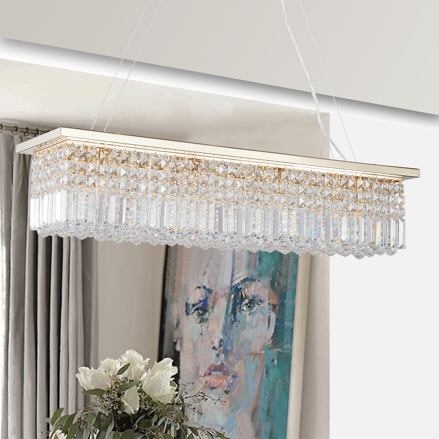 39.4" 8-Light Gold Raindrop Crystal Chandelier
