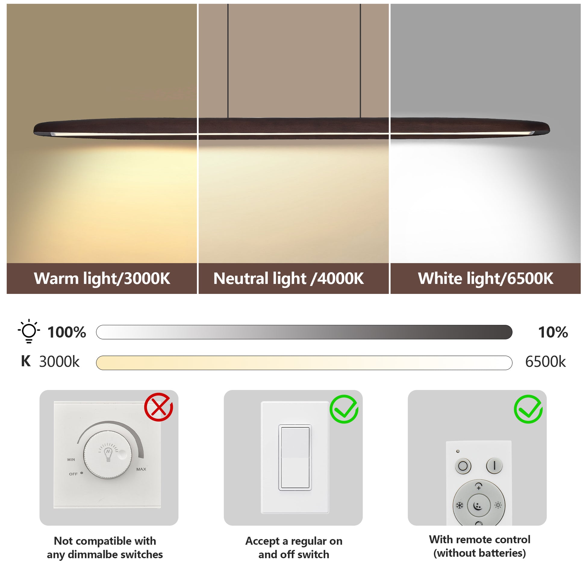 51" Walnut Wood Pendant Light with Remote - view 7
