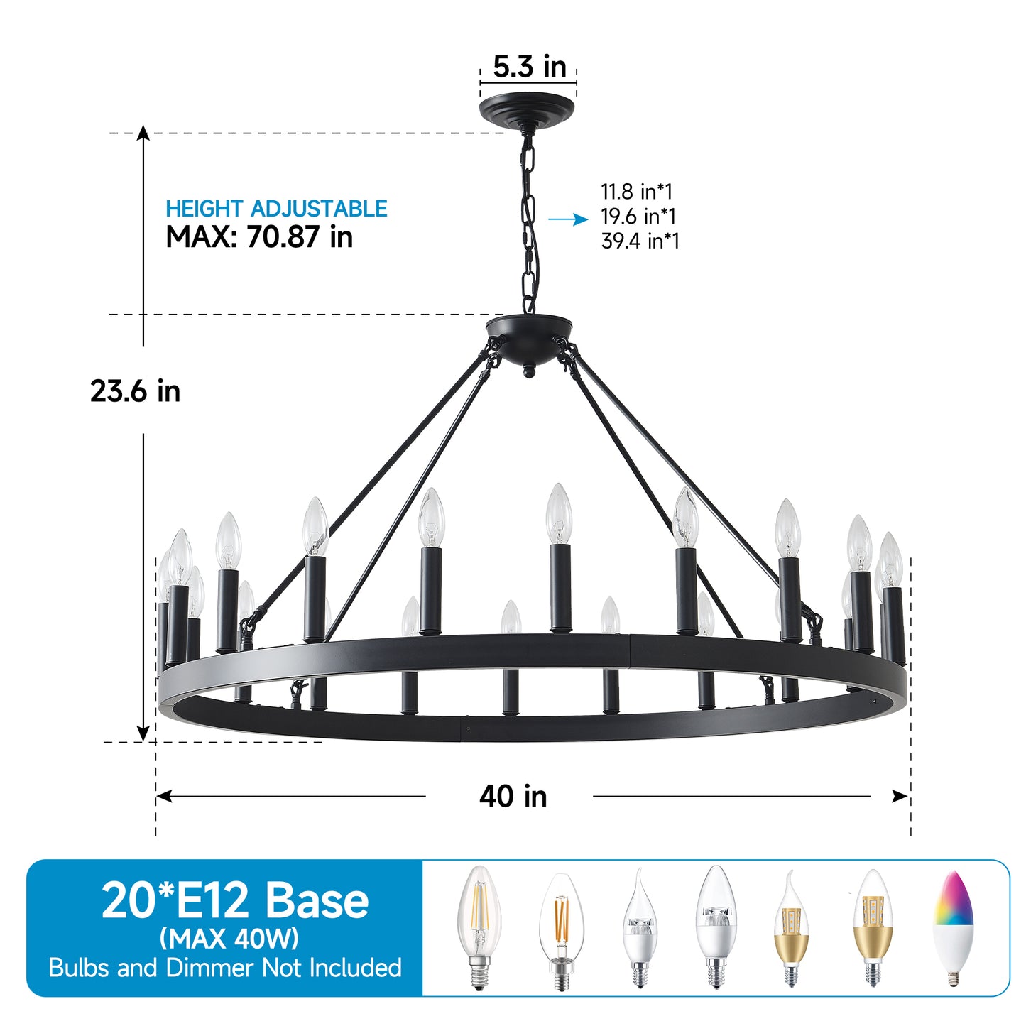 39.4" 20-Light Wagon Wheel Farmhouse Chandelier - view 4