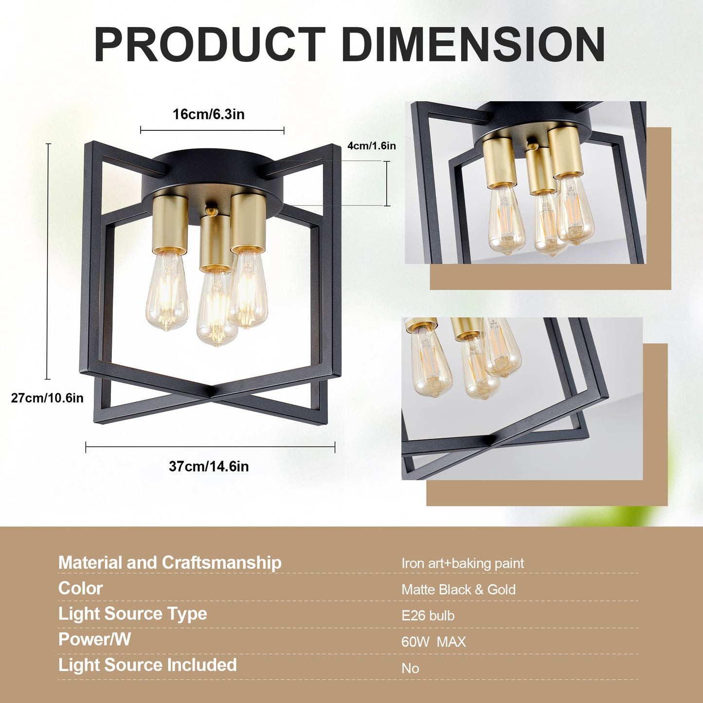 3-Light Black & Gold Geometric Semi Flush Chandelier - view 8
