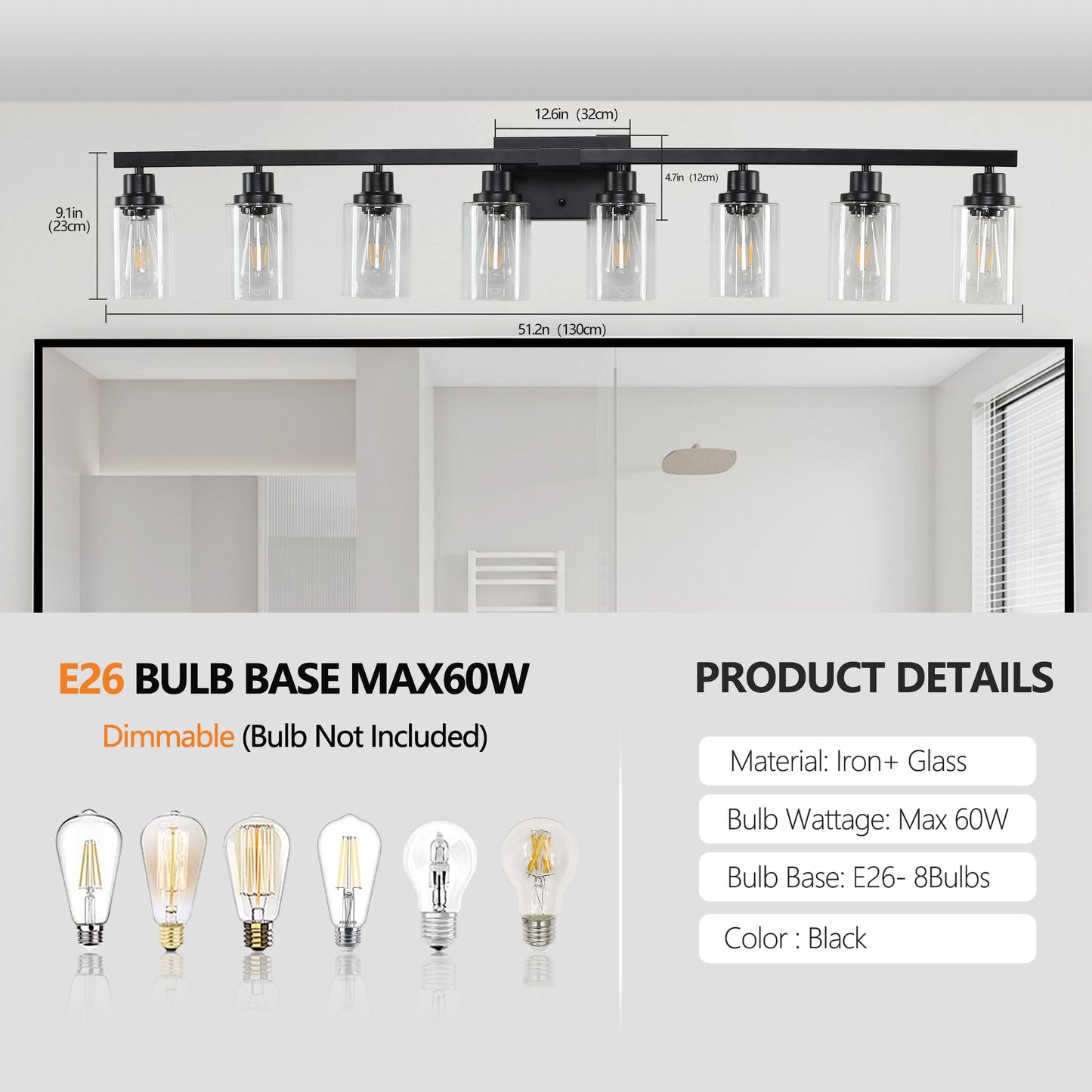 51" 8-Light Black Vanity Light with Clear Glass - view 8
