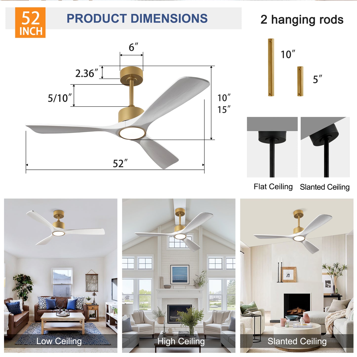 52" Gold and White Solid Wood Ceiling Fan with Dimmable LED - view 7