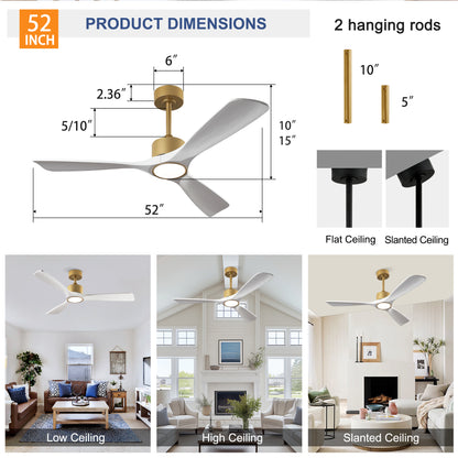 52" Gold and White Solid Wood Ceiling Fan with Dimmable LED - view 7