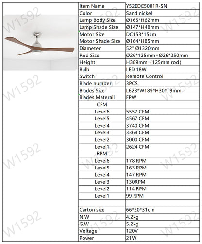 52" Satin Nickel Solid Wood Ceiling Fan with Remote - view 23
