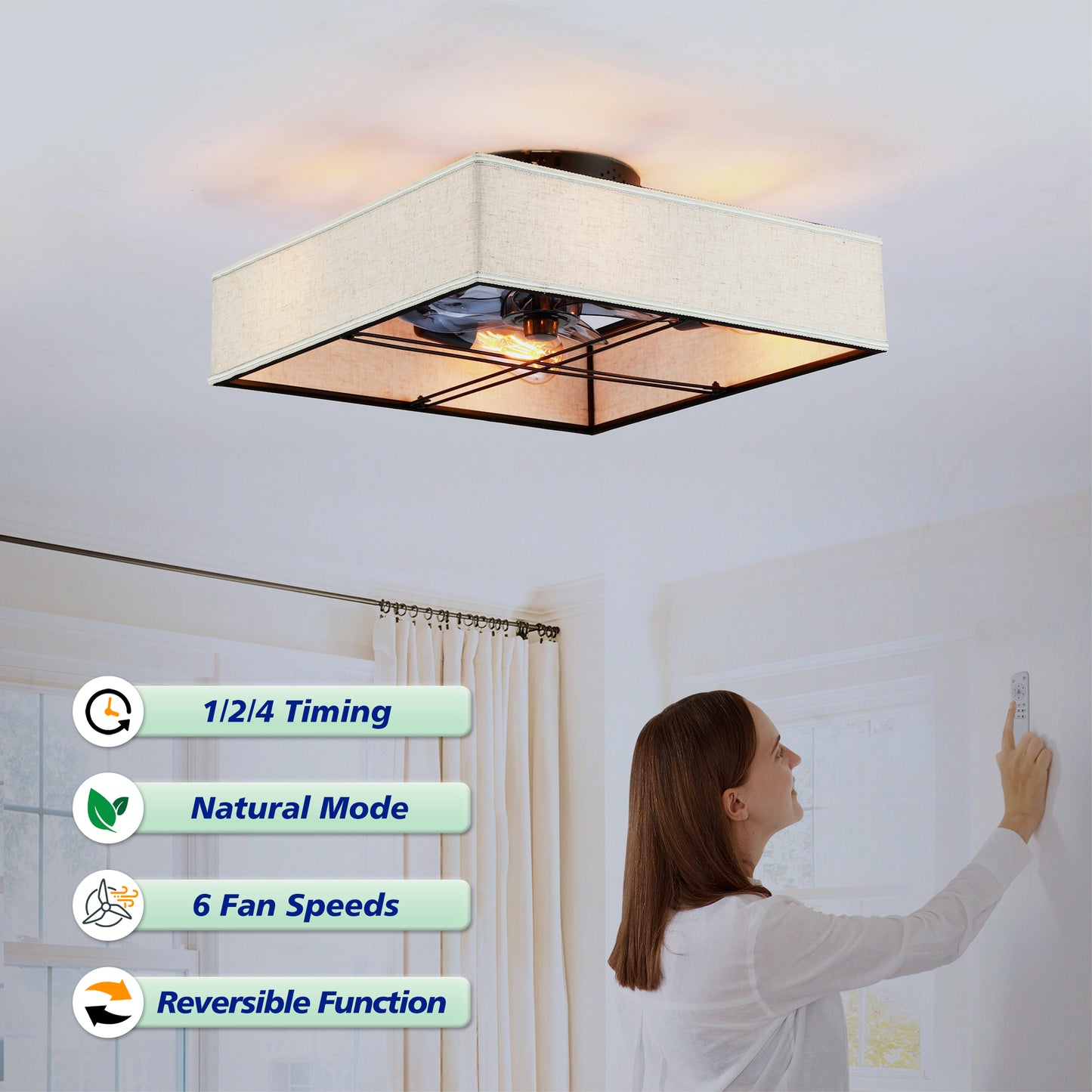 16.6" Square Fabric Farmhouse Flush Mount Ceiling Fan - view 15
