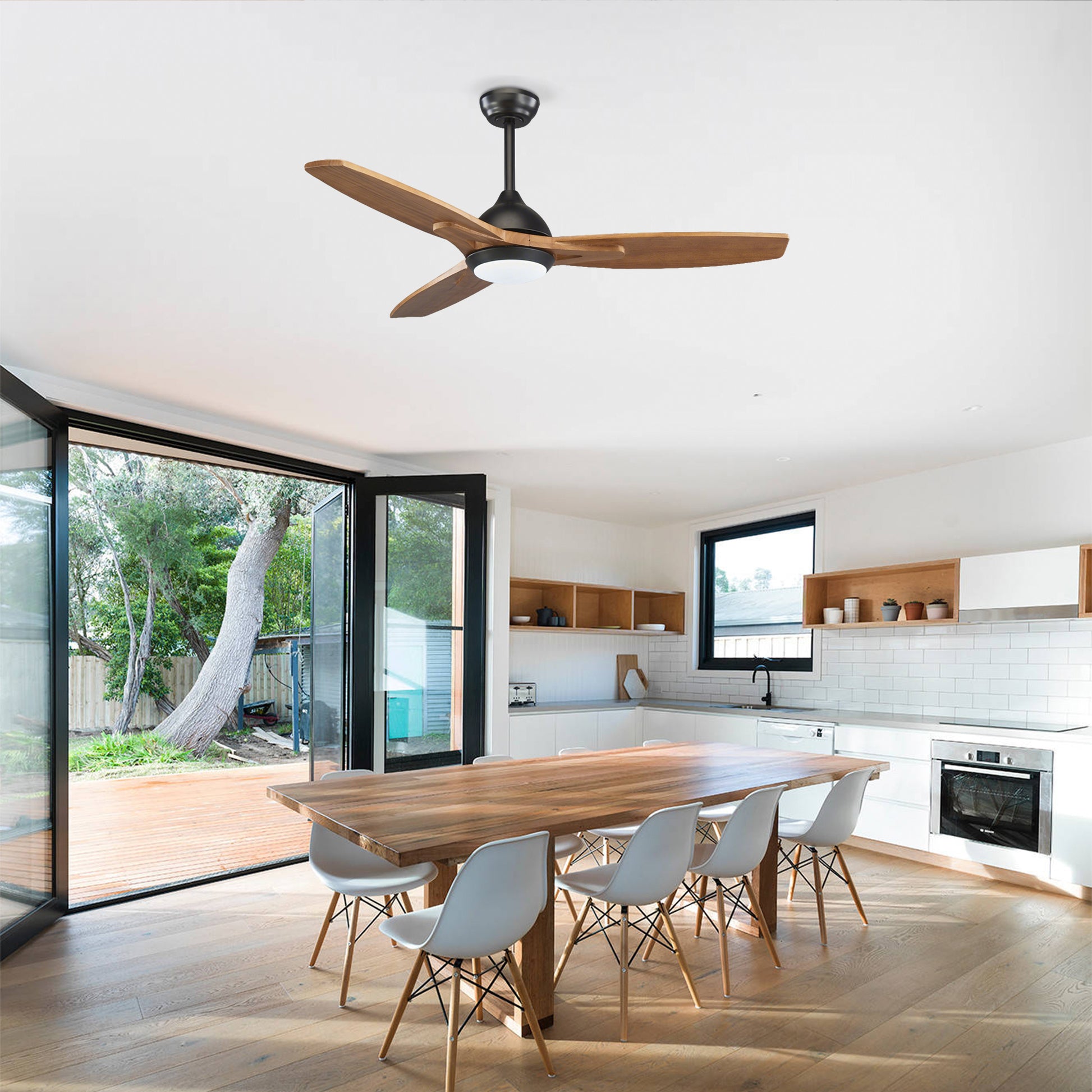 52" Matte Black & Wood Ceiling Fan with Light - view 3