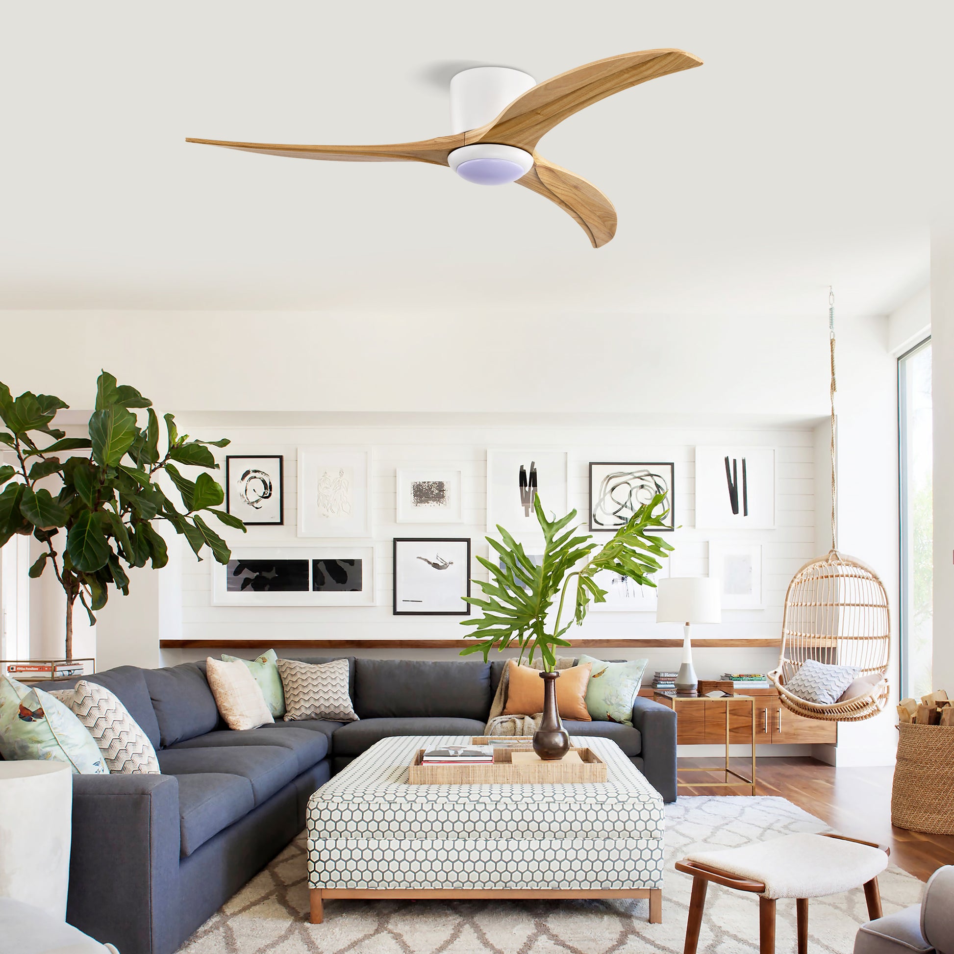 52" Matte White Solid Wood Ceiling Fan with Light & Remote - view 7