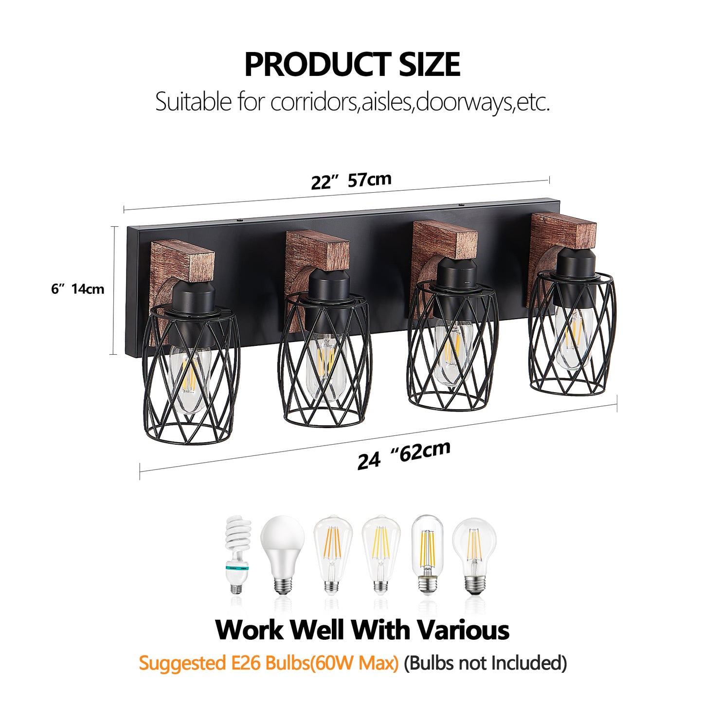 24" 4-Light Black Caged Wall Light with Wood Accents - view 8