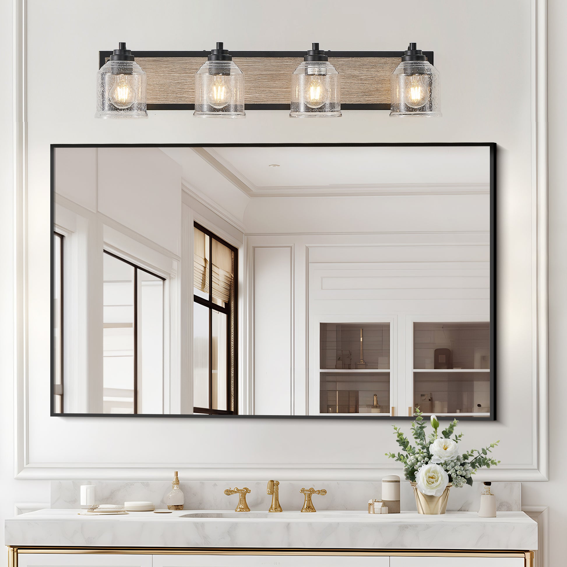 32" 4-Light Black & Wood Farmhouse Vanity Light