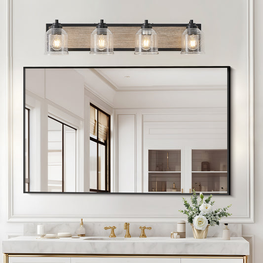 32" 4-Light Black & Wood Farmhouse Vanity Light
