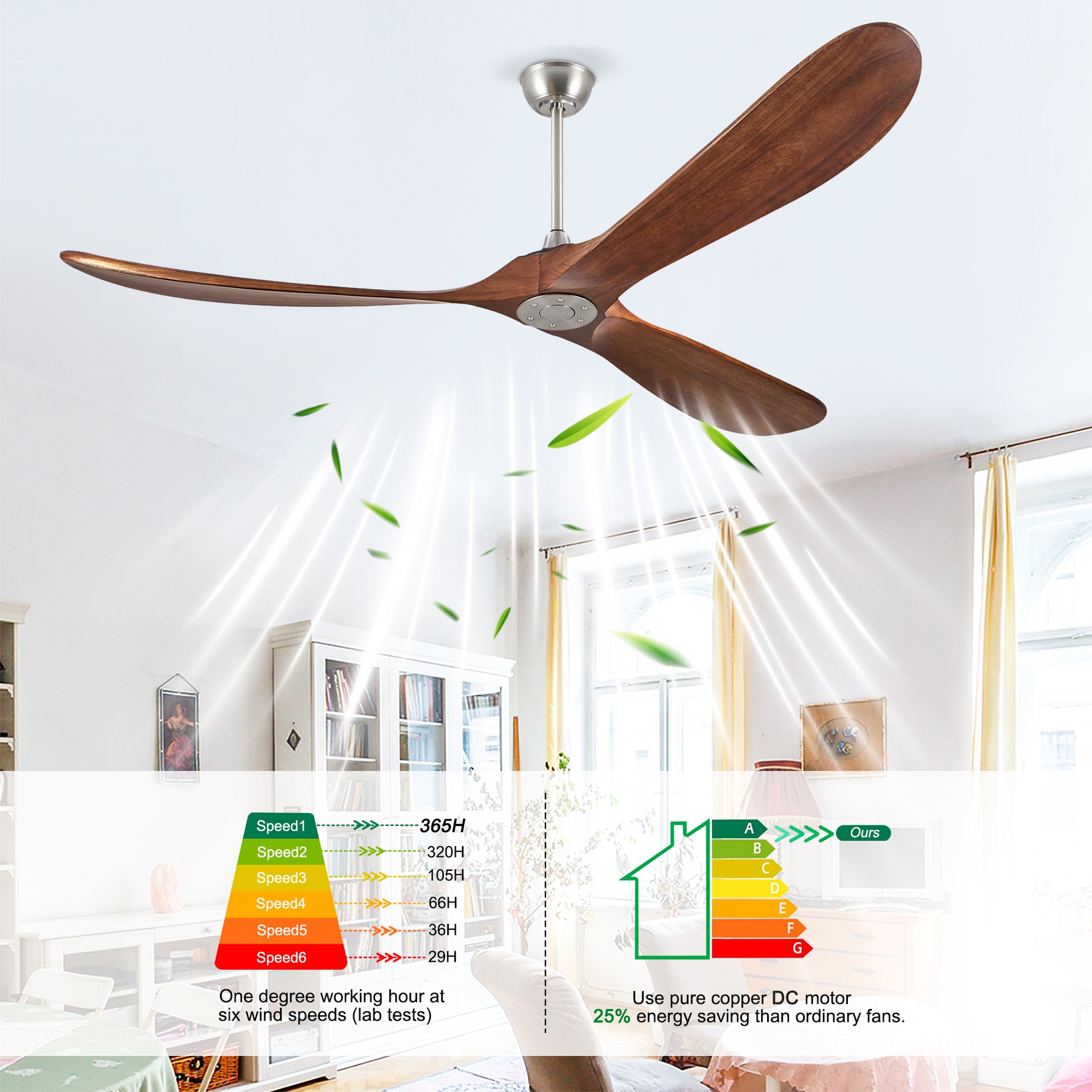 72" Walnut Solid Wood Ceiling Fan with Remote - view 16