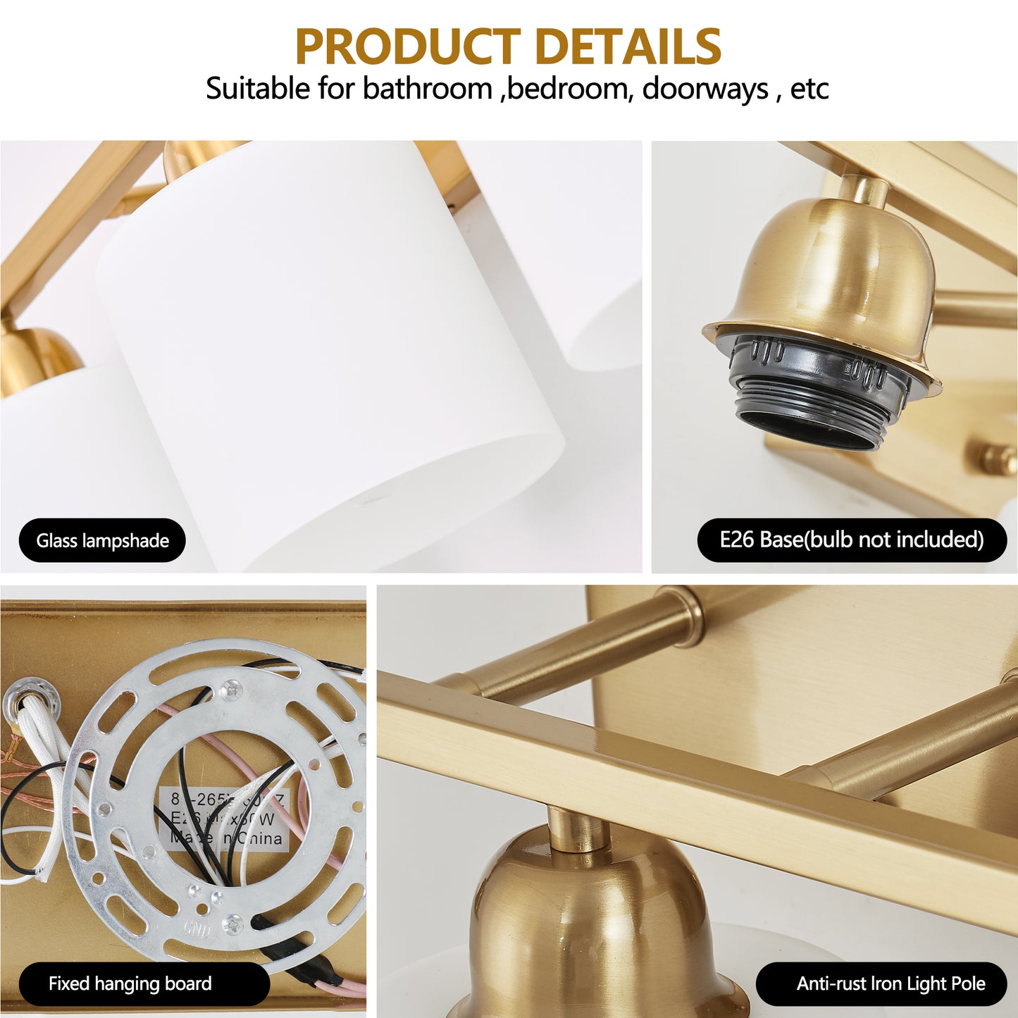 52" Gold Vanity Wall Light with White Glass Shade - view 4