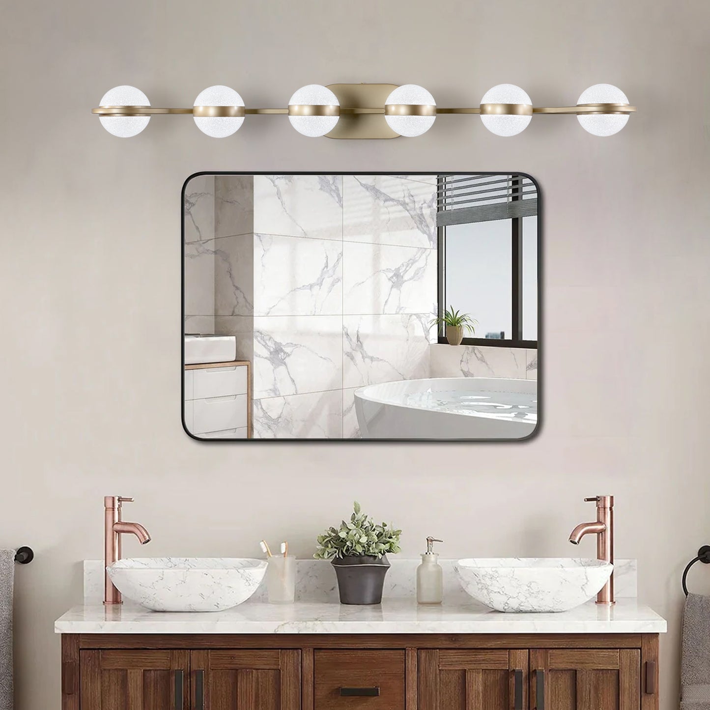 43" 6-Light Gold LED Vanity Light with Crystal Sand Shades
