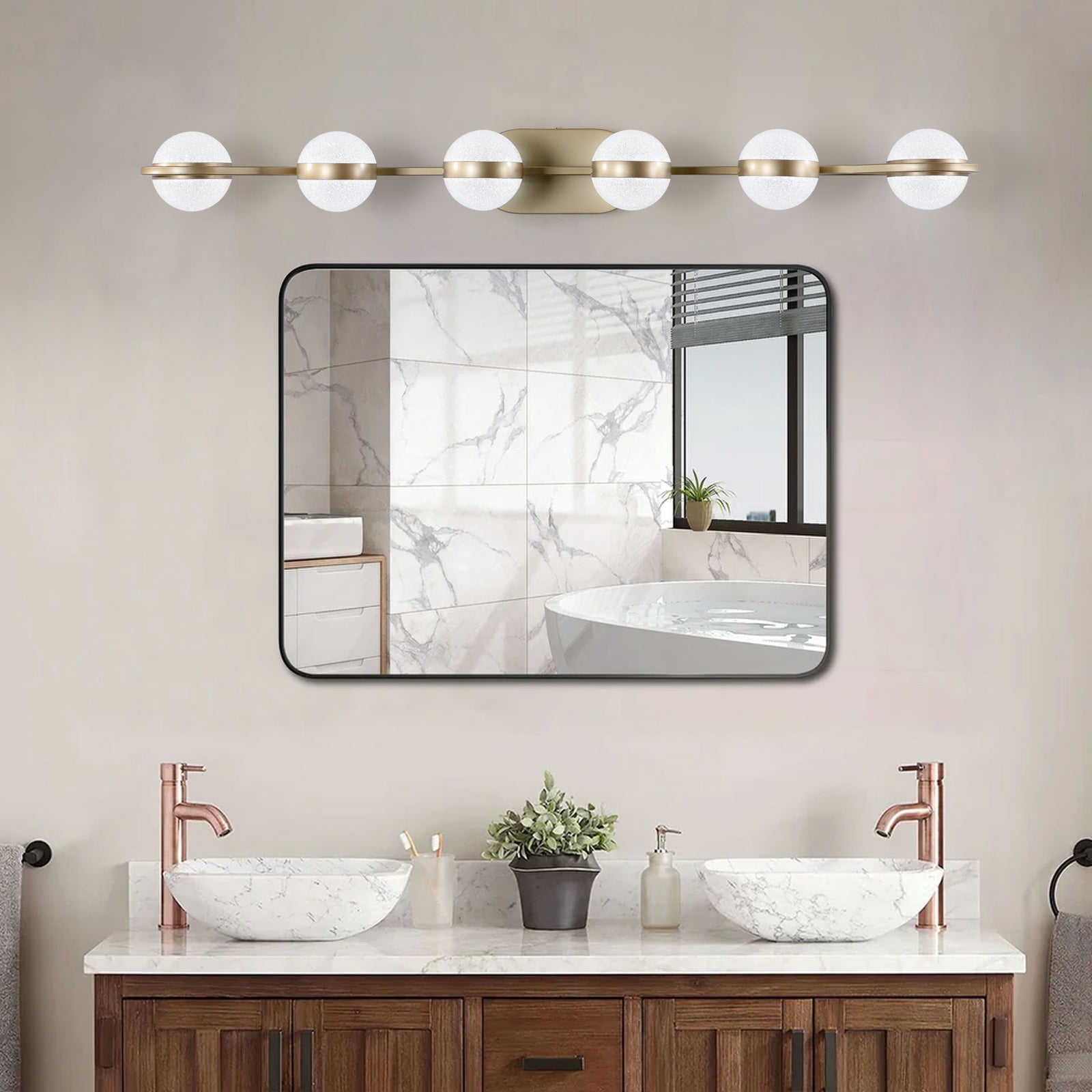 43" 6-Light Gold LED Vanity Light with Crystal Sand Shades