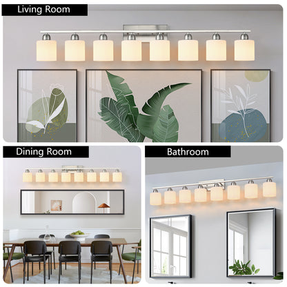 52" 8-Light Nickel Vanity Light with Milky Glass Shades - view 5