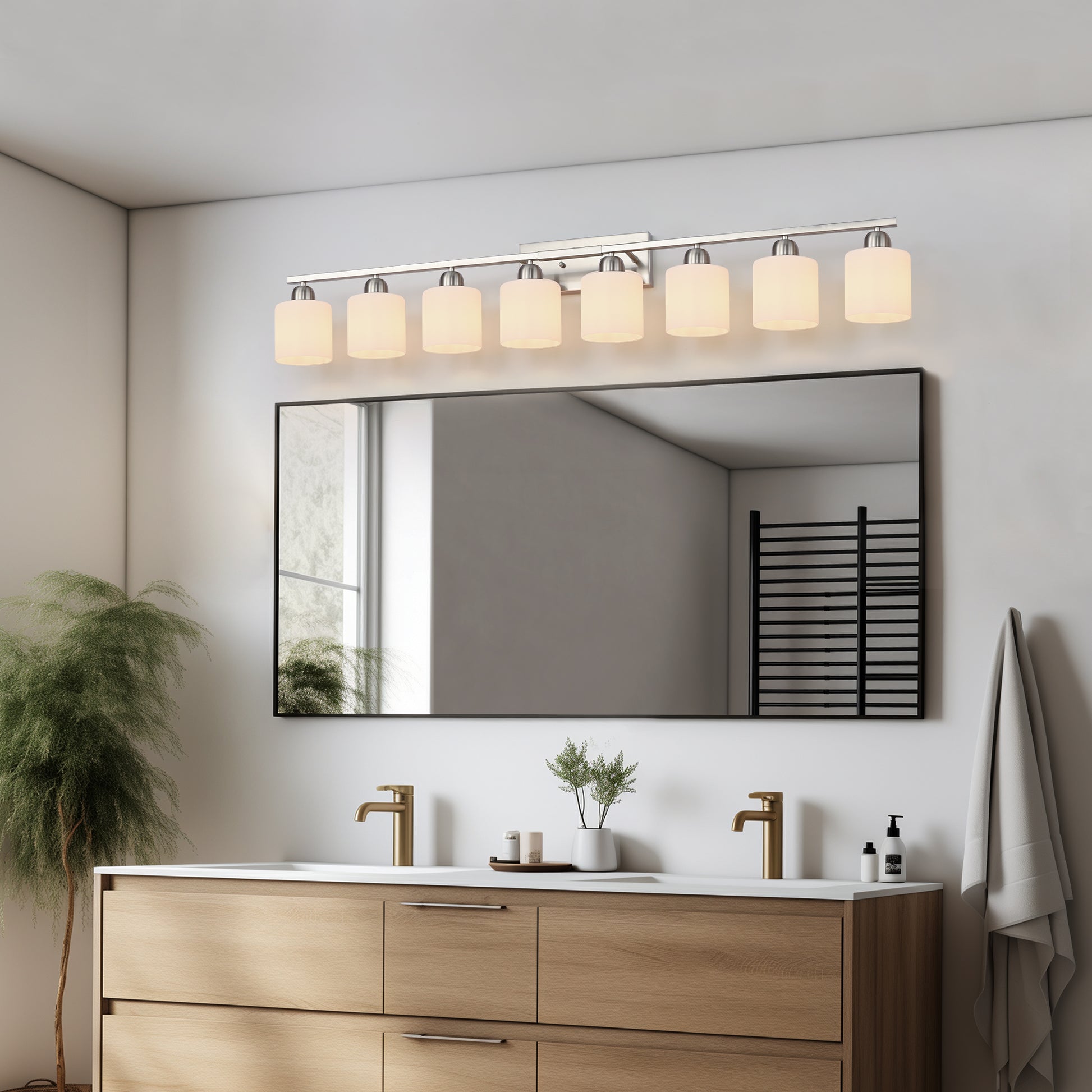 52" 8-Light Nickel Vanity Light with Milky Glass Shades - view 4