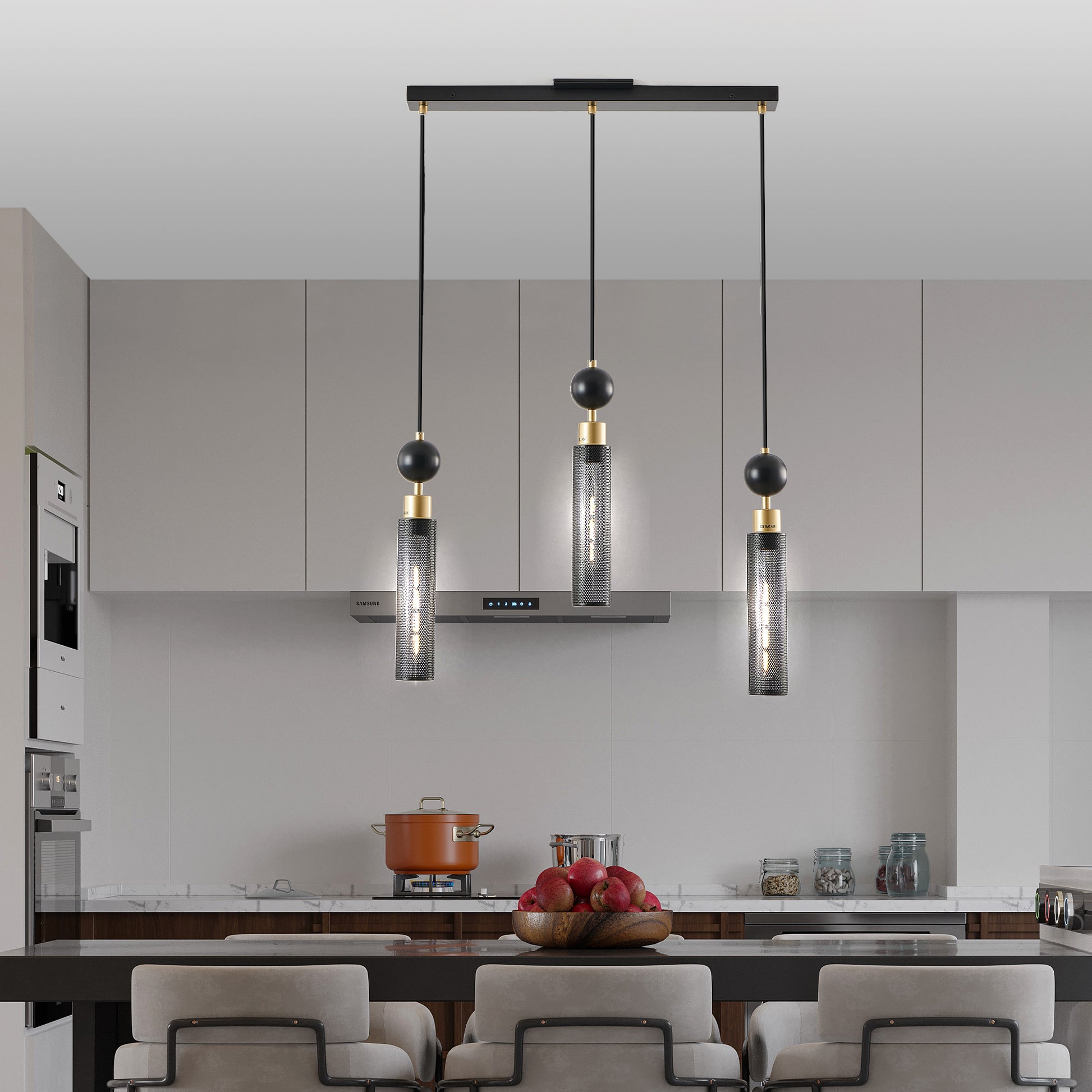 25" 3-Light Black & Gold Chandelier with Mesh Shades - view 2