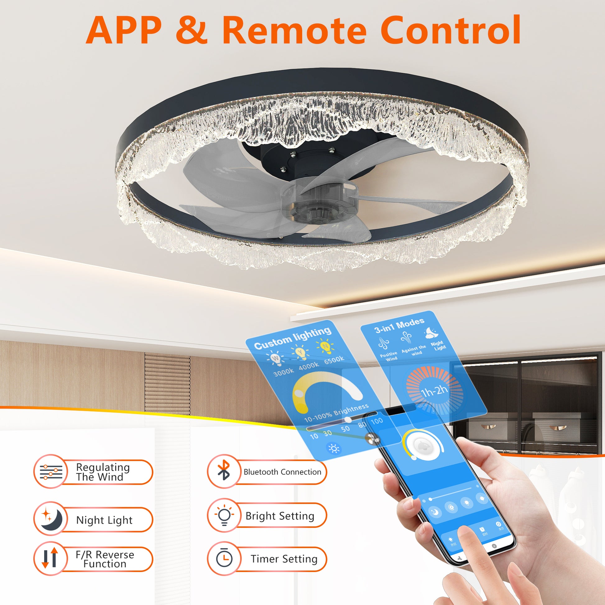 20" Black Acrylic Ring Ceiling Fan with Dimmable LED - view 3