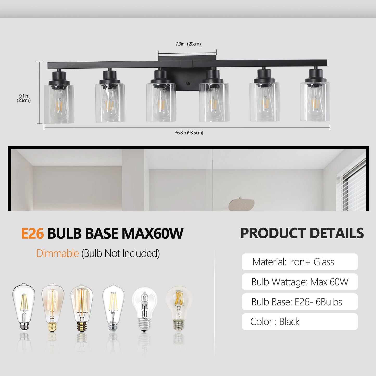 37" 6-Light Black Vanity Light with Clear Glass - view 7