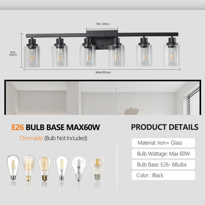 37" 6-Light Black Vanity Light with Clear Glass - view 7