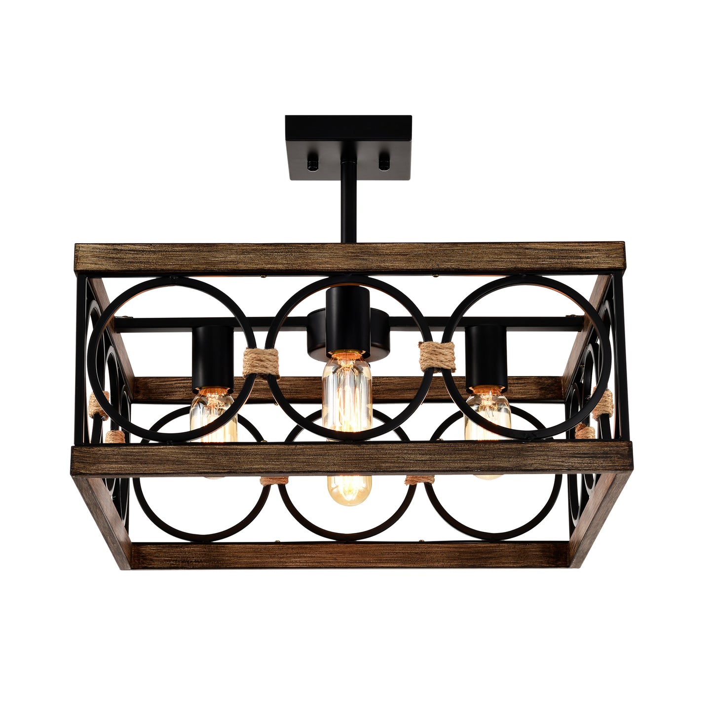 4-Light Wood & Black Farmhouse Flush Mount Ceiling Light - view 13