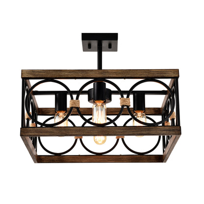 4-Light Wood & Black Farmhouse Flush Mount Ceiling Light - view 13