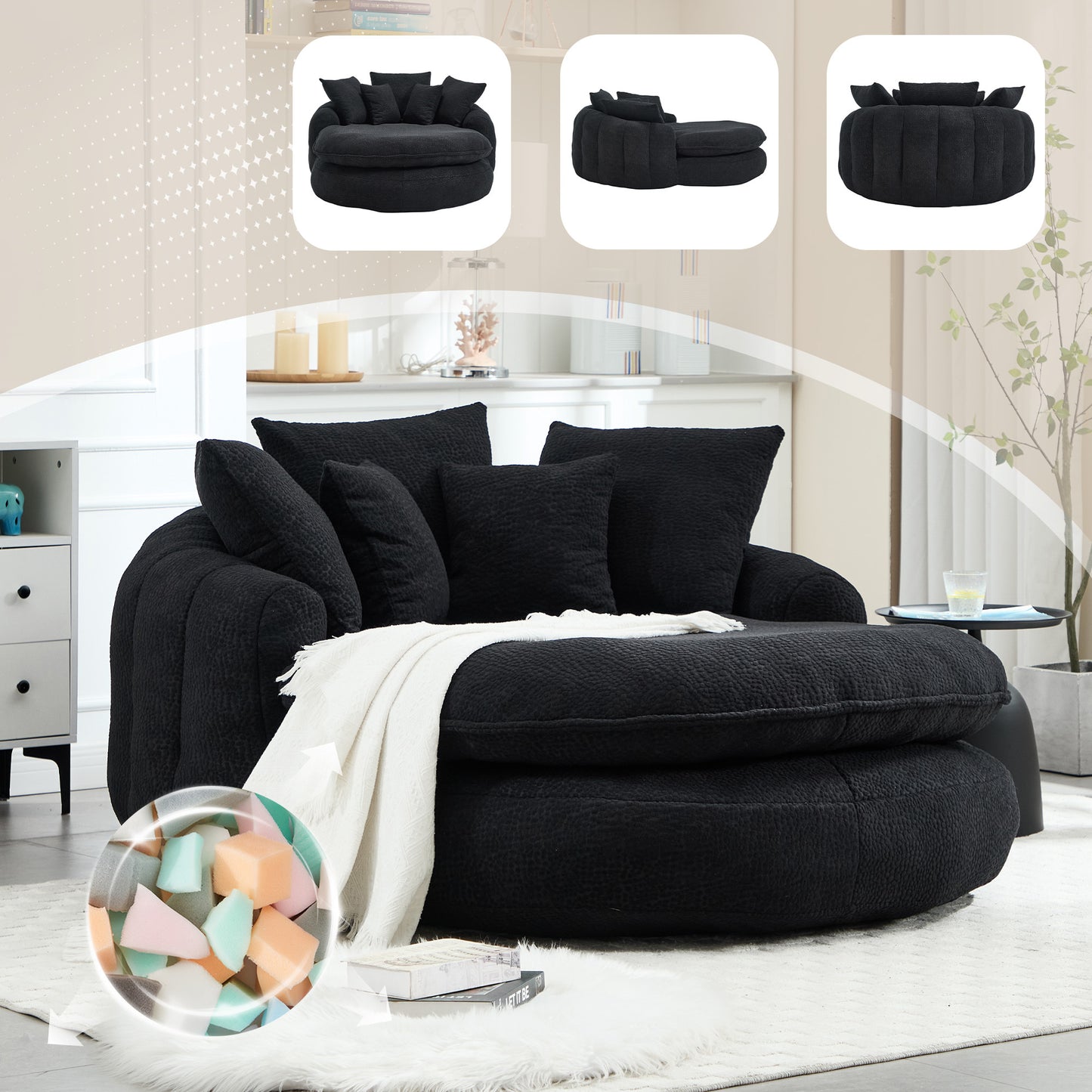 Oversized Oval Chenille Bean Bag Sofa with Pillows – Black