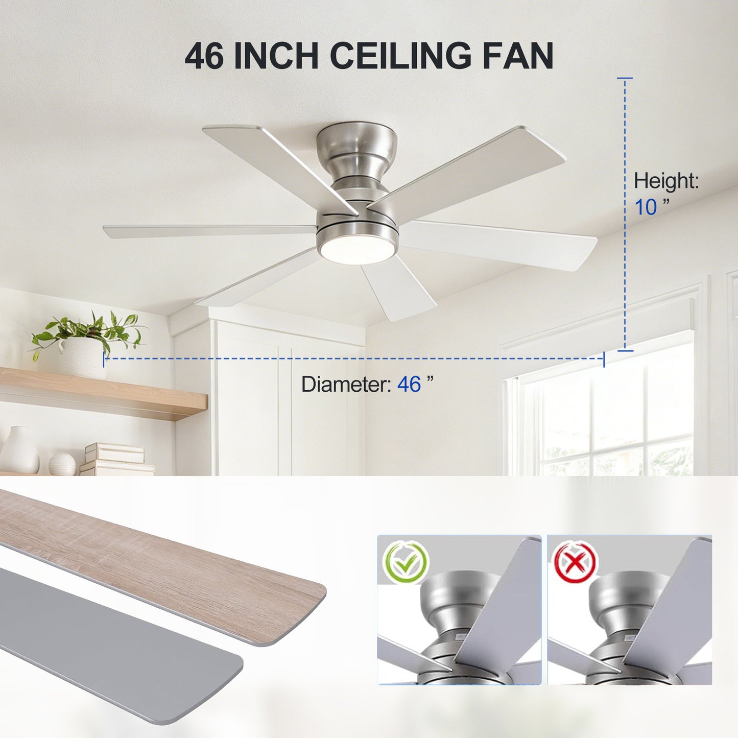 46" Silver Flush Mount Ceiling Fan with Light and Remote - view 13