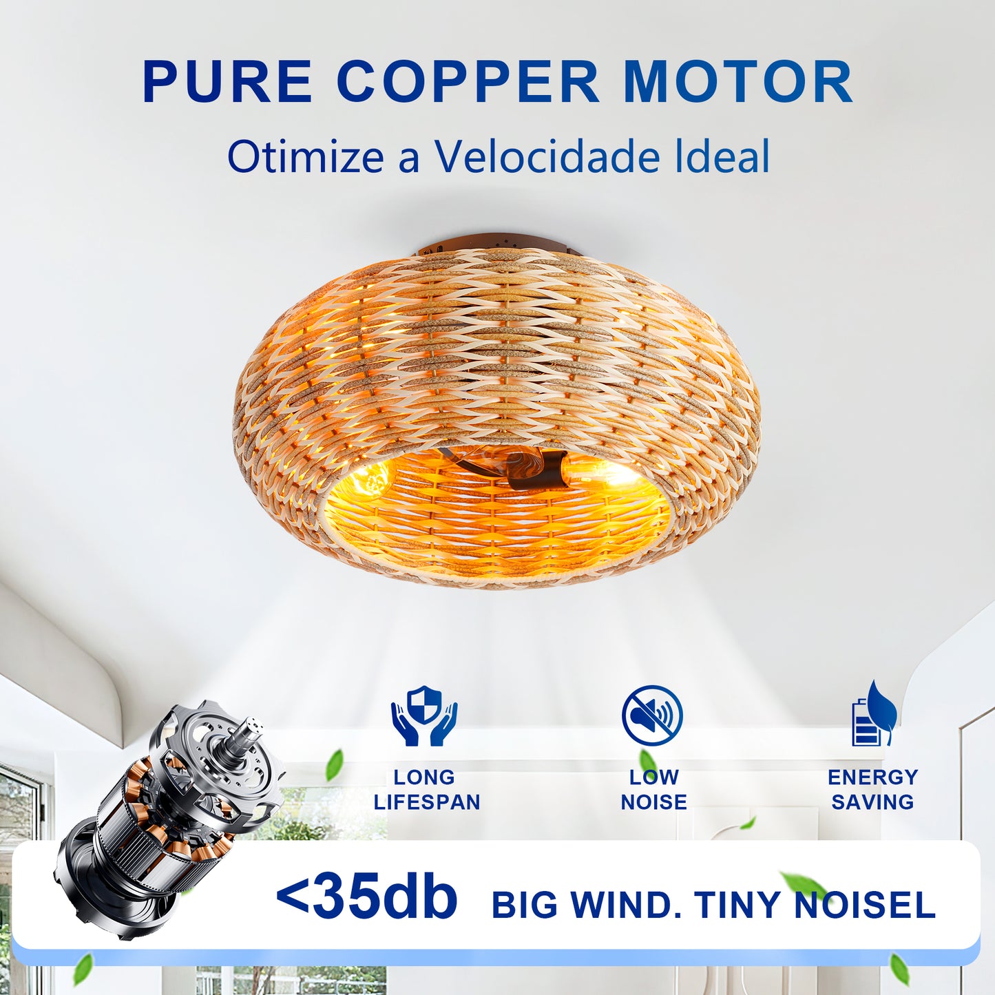 20" Rattan Caged Flush Mount Ceiling Fan with Remote - view 13