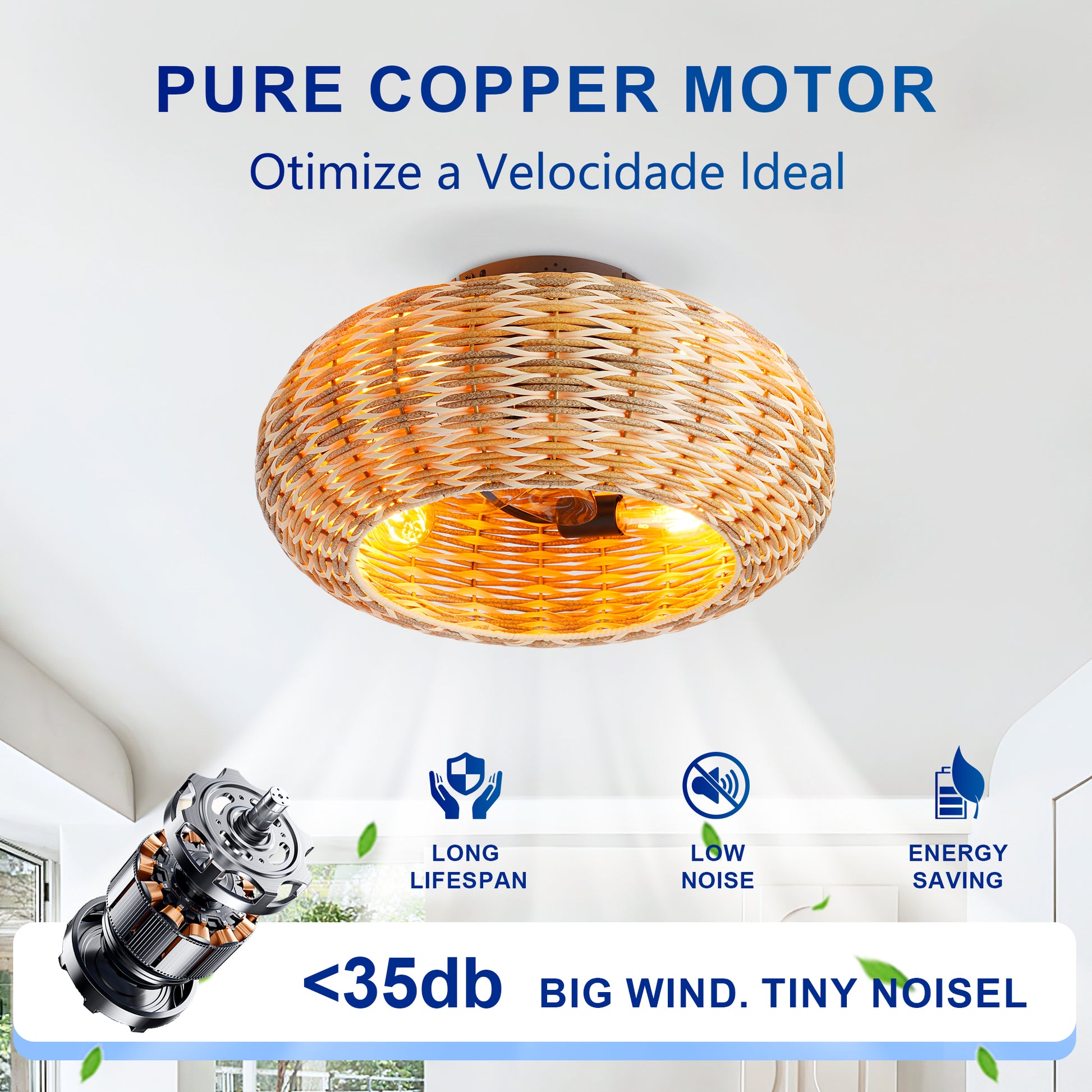 20" Rattan Caged Flush Mount Ceiling Fan with Remote - view 13