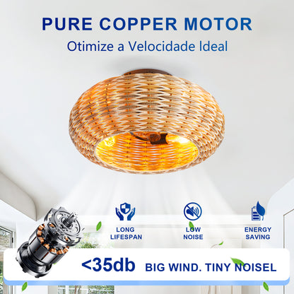 20" Rattan Caged Flush Mount Ceiling Fan with Remote - view 13