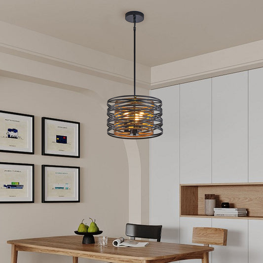 13" 3-Light Black & Walnut Caged Chandelier