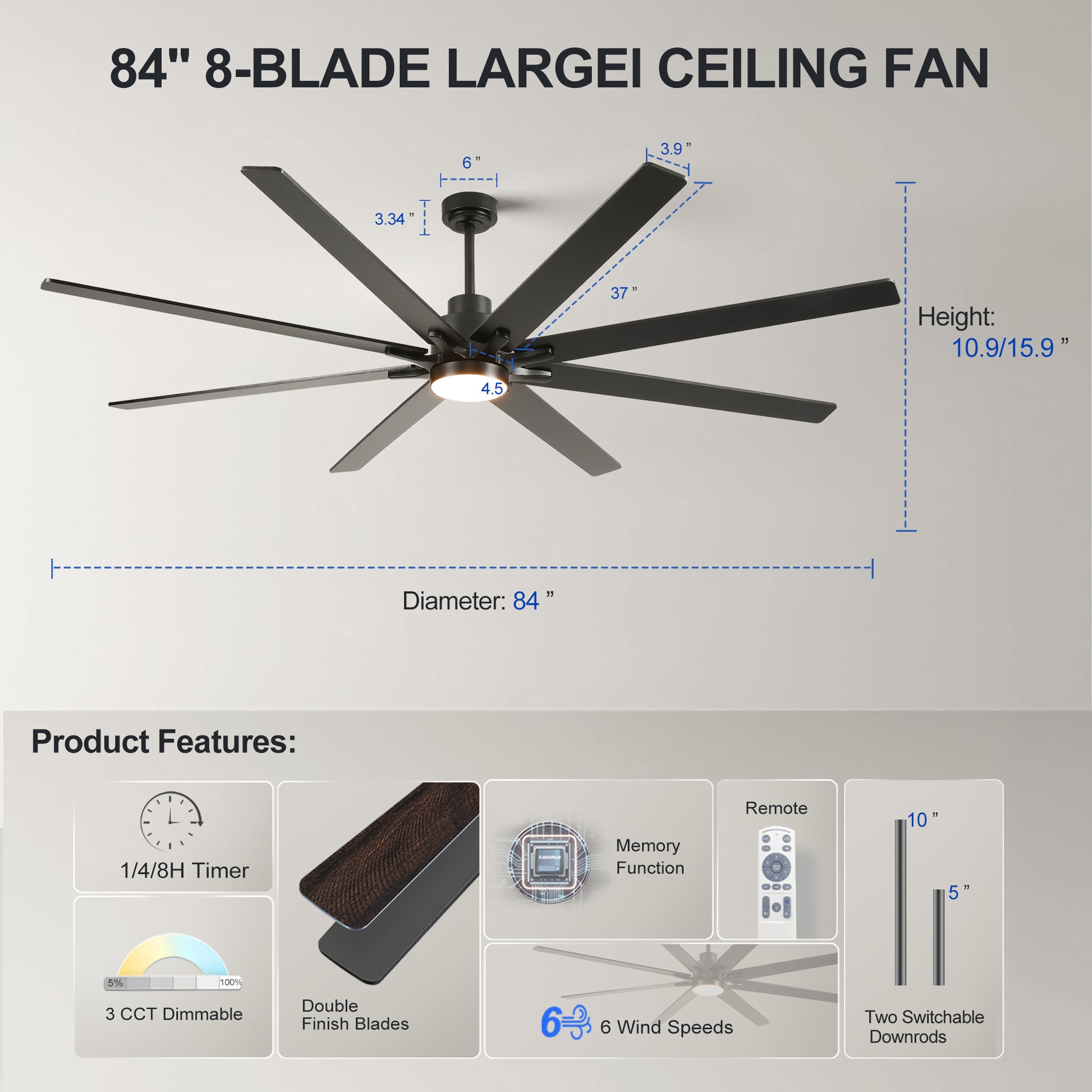 84" Matte Black Plywood Ceiling Fan with Dimmable LED - view 7