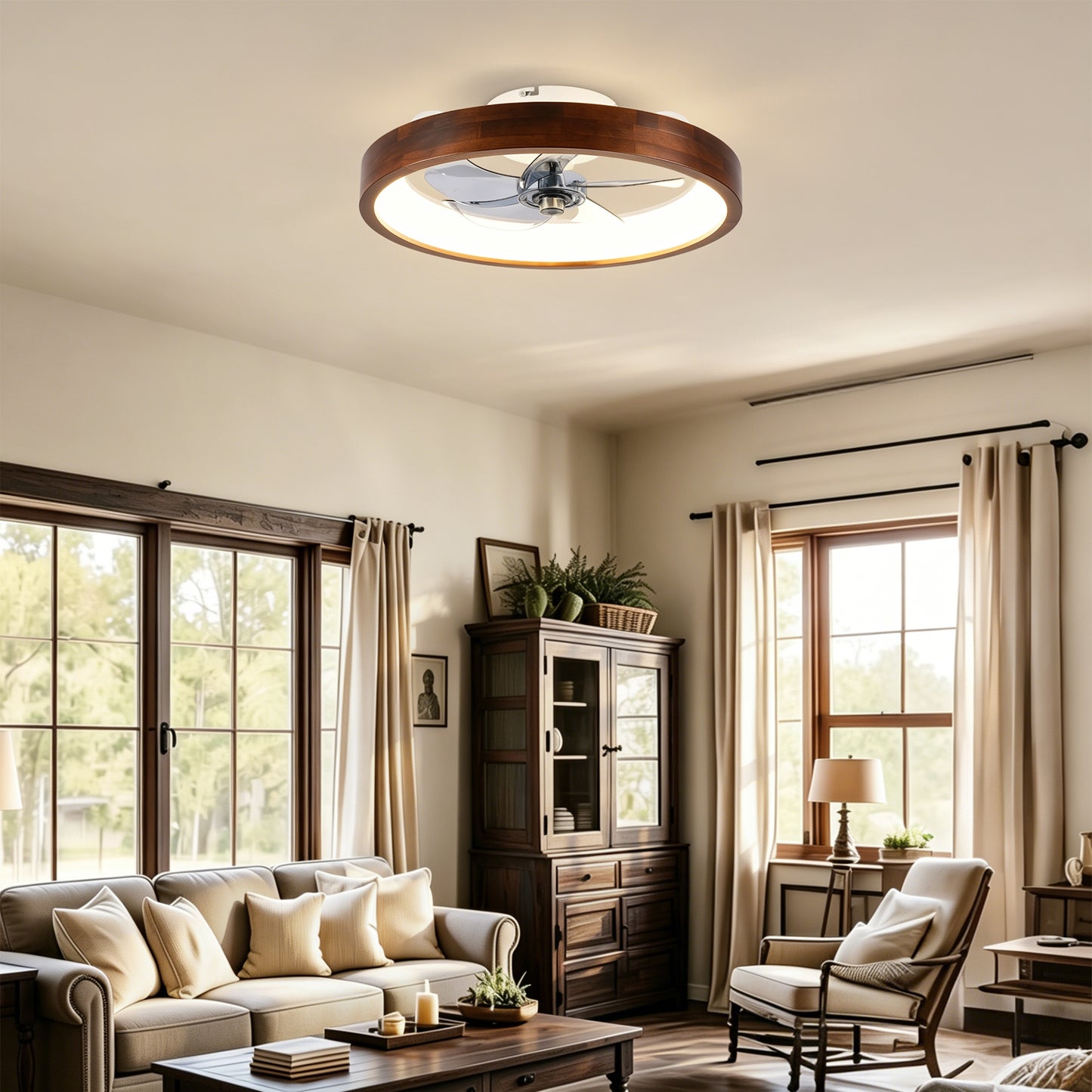 20" White & Wood Flush Mount Ceiling Fan with Dimmable LED - view 4