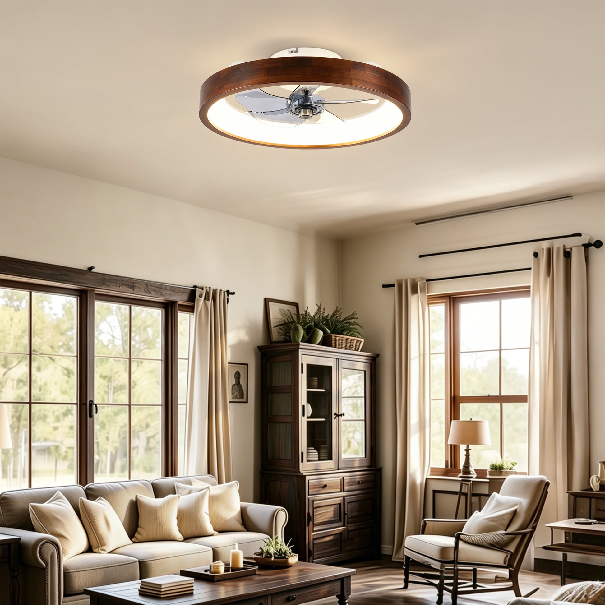 20" White & Wood Flush Mount Ceiling Fan with Dimmable LED - view 4