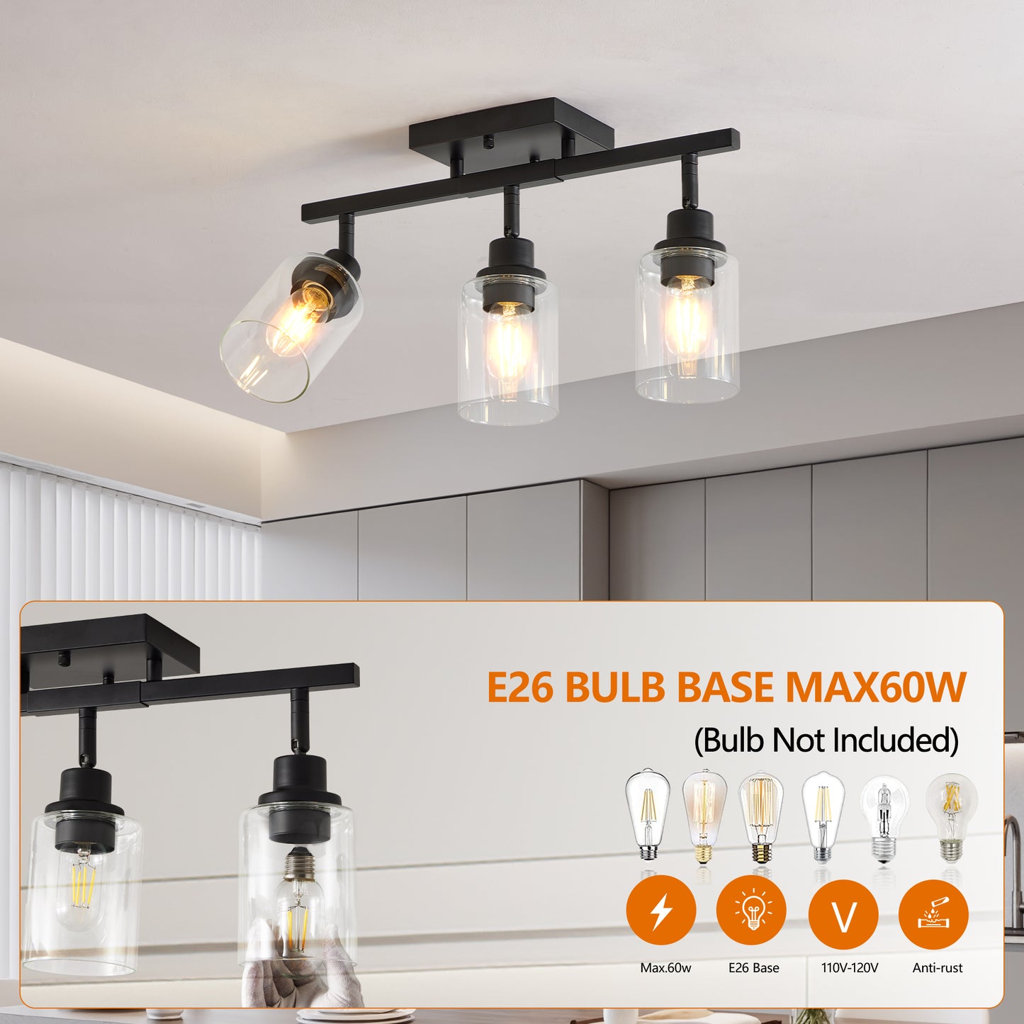 3-Light Black Semi Flush Mount Ceiling Light with Clear Glass - view 4