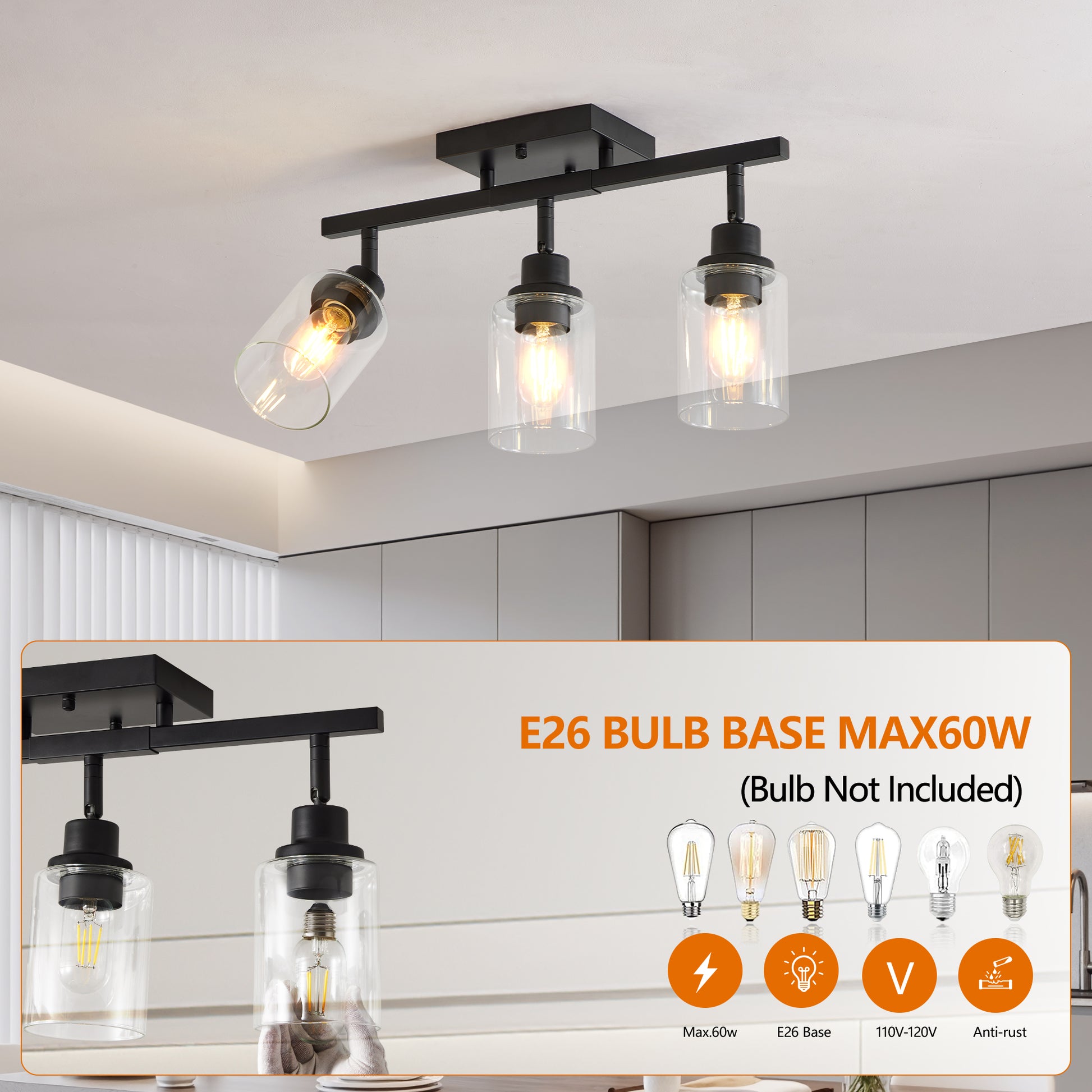 3-Light Black Semi Flush Mount Ceiling Light with Clear Glass - view 4