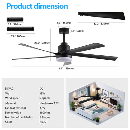 65" Black 5-Blade Ceiling Fan with Dimmable LED - view 10