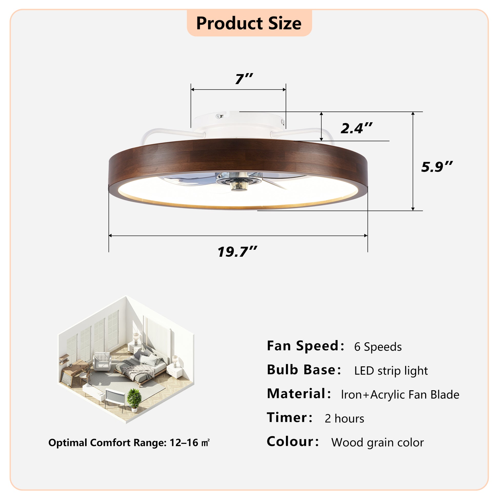 20" White & Wood Flush Mount Ceiling Fan with Dimmable LED - view 6