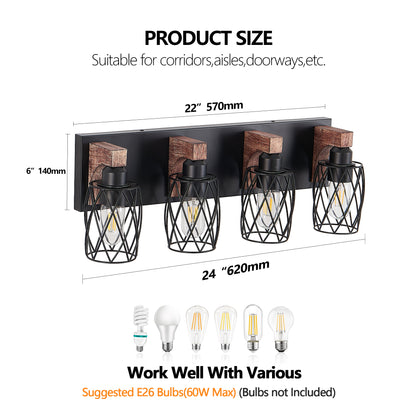 24" 4-Light Black Caged Wall Light with Wood Accents - view 9