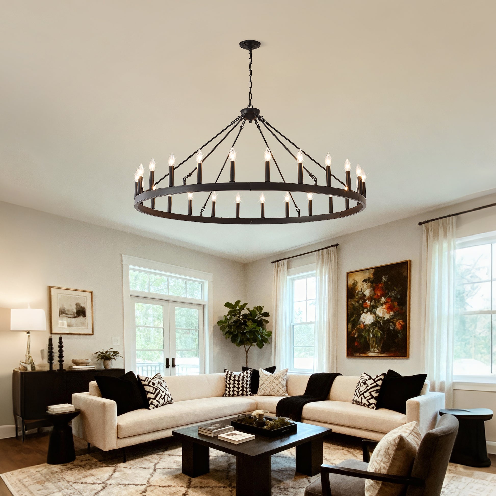 53" Matte Black Wagon Wheel Chandelier, 24-Light - view 5