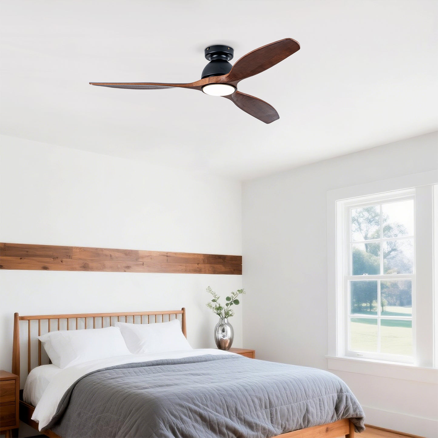 52" Matte Black Flush Mount Wood Ceiling Fan with Remote - view 5